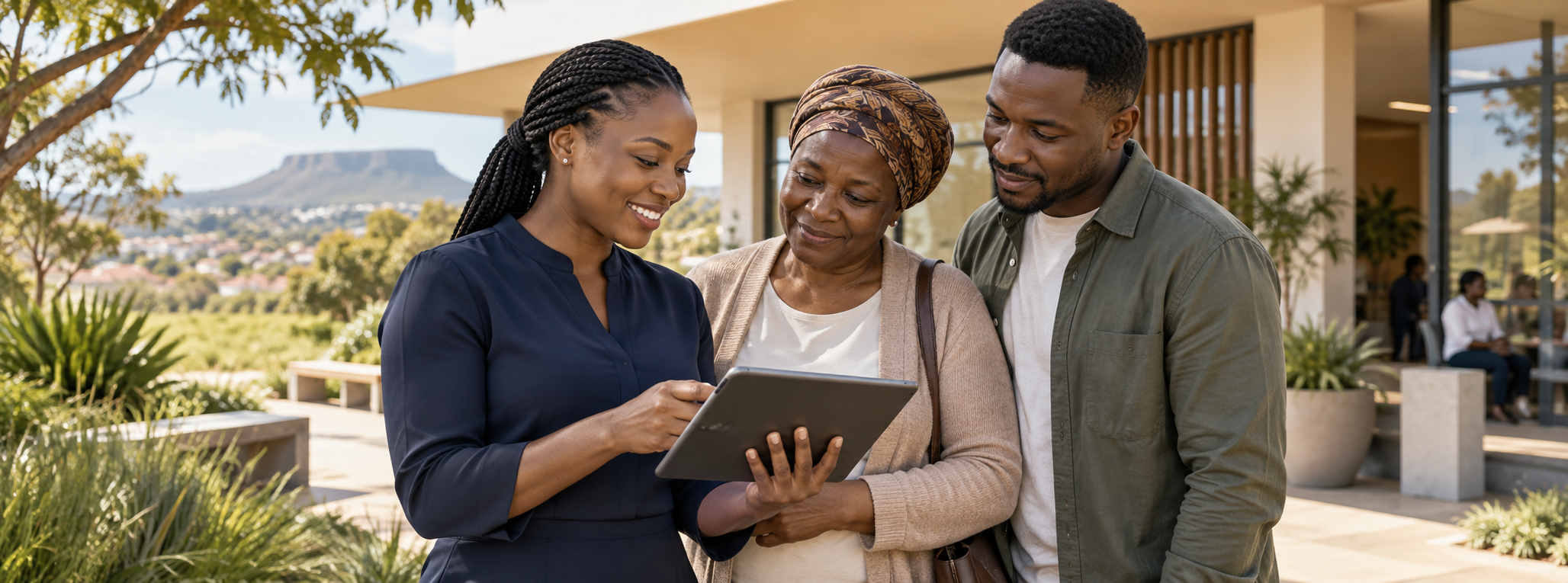 People looking at a tablet together in a welcoming outdoor setting